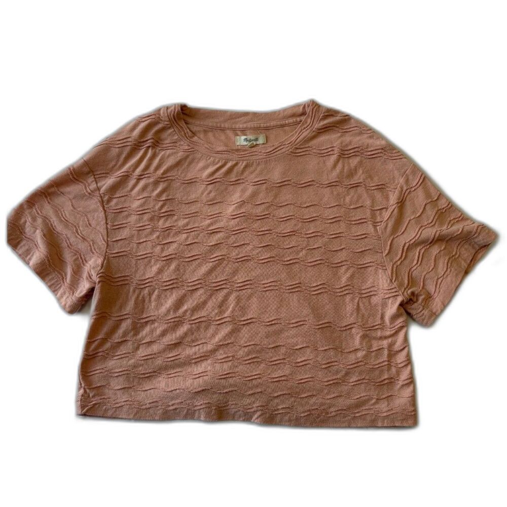 Madewell Texture & Thread Scalloped Striped Boxy Crop Top Antique Coral Womens S